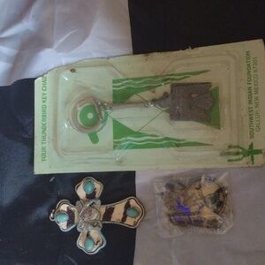 Handmade Turquoise and Pewter cross+Thunderbird handmade keychain+Deer necklace